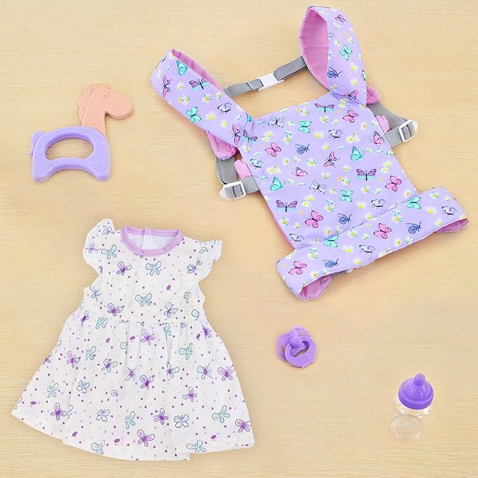 Baby Doll Carrier with Doll Accessories Doll Carrier for Kids, Reborn Doll Baby Carrier with Adjustable Straps for 16-22 Inch Baby Doll with Accessories, Purple
