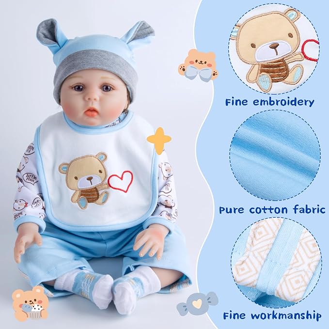 Reborn Baby Doll Clothes 12pcs for 17-22 Inch Reborn Dolls Clothes Accessories Blue Luxurious Gift Set (Bassinet+ Blanket)