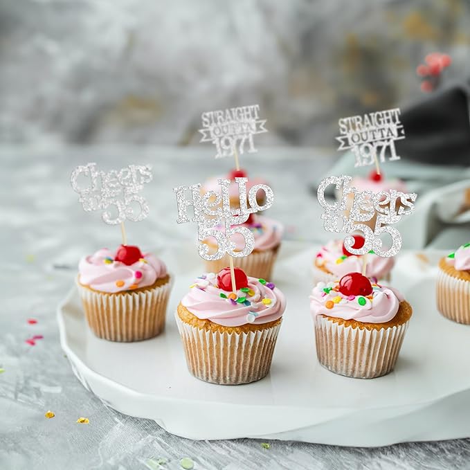 Ephlyn 24Pcs 55th Birthday Cupcake Toppers Glitter Straight Outta 1971 Cupcake Picks Hello 55 Cheers to 55 Years Cake Decorations for 55th Birthday Anniversary Party Decorations Supplies Silver