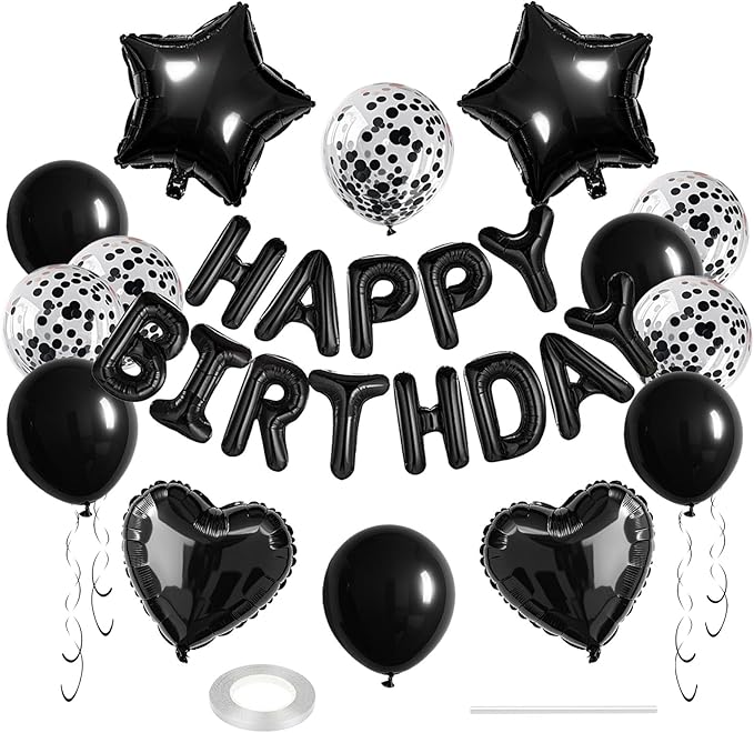 27 Pcs Black Birthday Decorations, 3D Foil Black Happy Birthday Balloon Banner, Pentagram Heart Foil Balloons Confetti Balloons Kit For Boys Girls Birthday Party Supplies