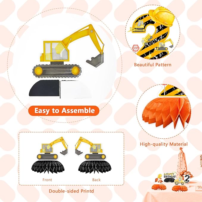 9 Pcs Construction 2nd Birthday Party Decorations Excavator I'm 2 and Digging It Honeycomb Centerpieces Table Toppers for Kids Boys Truck Themd 2 Years Old Birthday Party Supplies Table Decoration