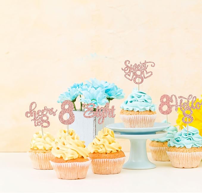 30Pcs 8th Birthday Cupcake Toppers Glitter Eight Hello 8 Cupcake Picks Cheers to 8 Years Old Cake Decorations for 8th Birthday Party Supplies Rose Gold