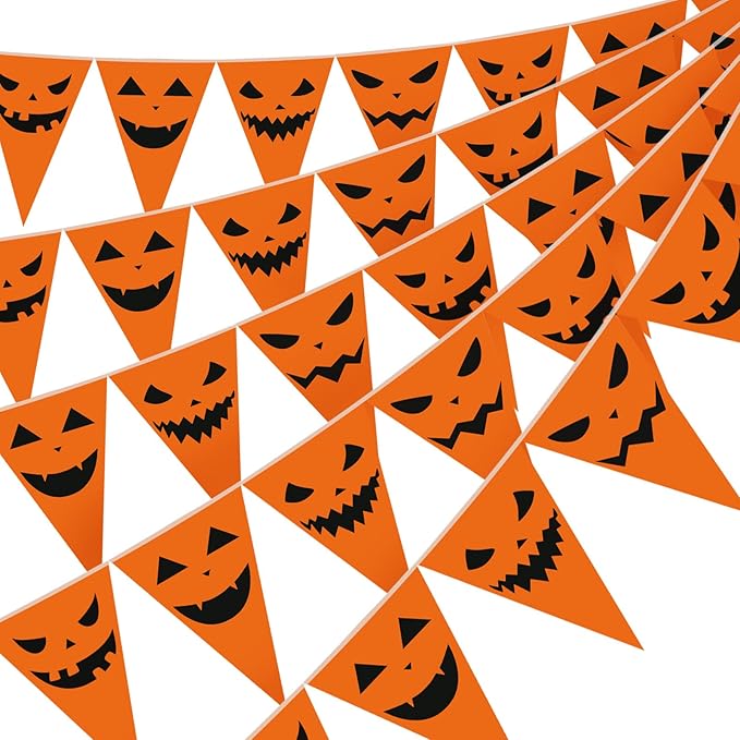 Jetec 5 Pieces 49 Feet Halloween Pumpkin Pennant Banner Party Decorations Spooky Funny Pumpkin Triangle Flags Bunting Banners for Halloween Spooky Birthday Party Decor Indoor Outdoor Supplies