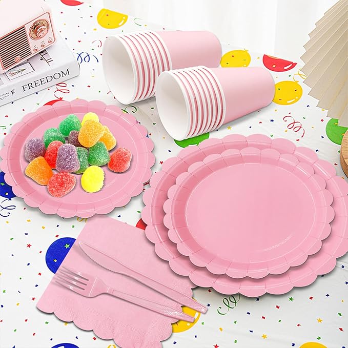 144Pcs Pink Birthday Party Supplies Pink Tableware Set Serve 24 Guests Includes Dinner Plates Cups Napkins For Wedding Baby Shower Birthday Party Decorations