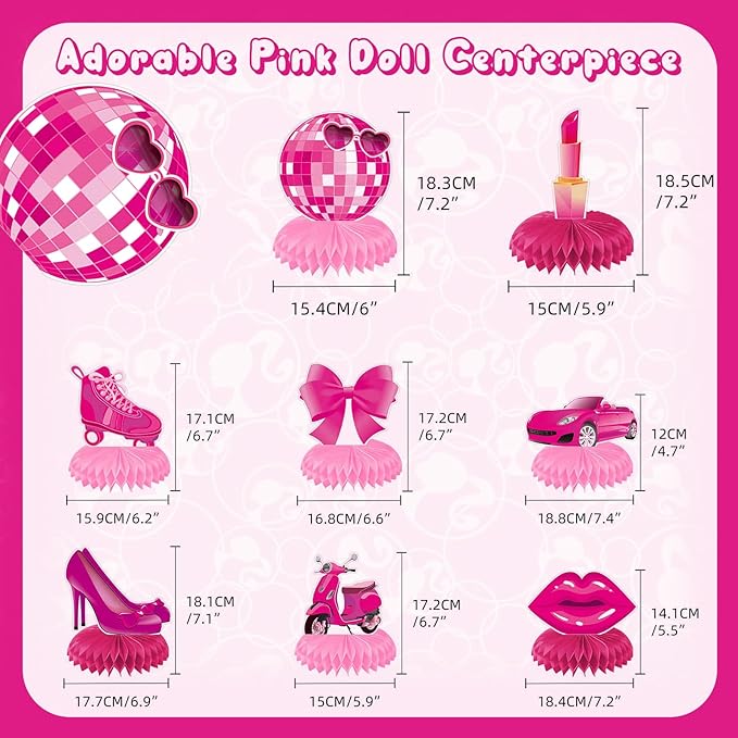 Pink Girls Birthday Decorations Hot Pink Princess party Honeycomb Centerpieces Disco Bachelorette Birthday Party Decoration for Girls Doll Theme Party Bridal Shower Wedding Baby Shower