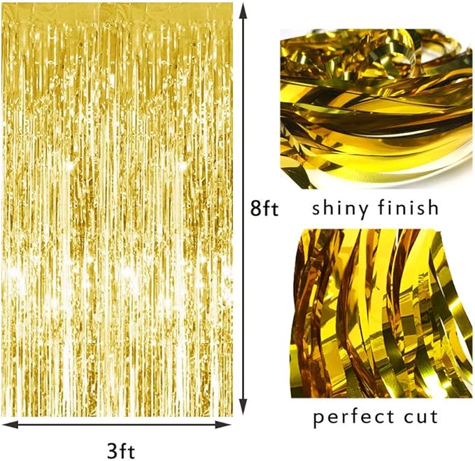 2PCS 3' X 8' Black and Gold Metallic Tinsel Foil Fringe Curtain Backdrop for 2023 New Years Eve, Halloween Party, Graduation Decoration