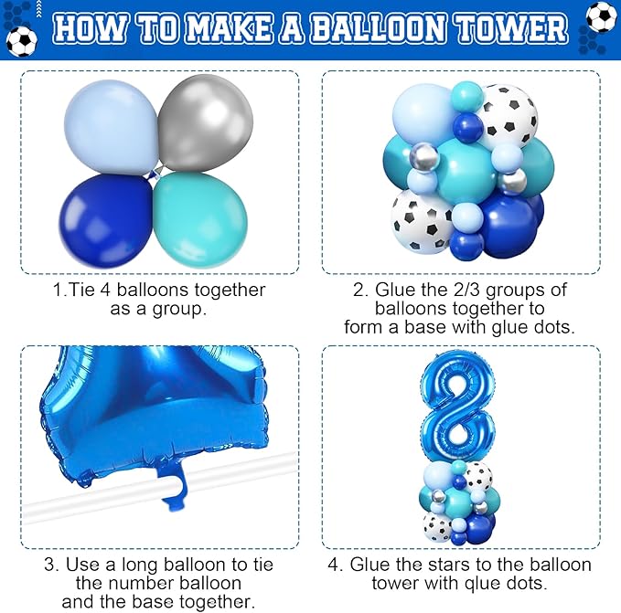 Soccer 8th Birthday Party Supplies - Arch Kit with 40 Inch Number 8 Balloon, Football Foil Balloon, Royal Teal Blue Balloons for Boys 8th Birthday Decoration