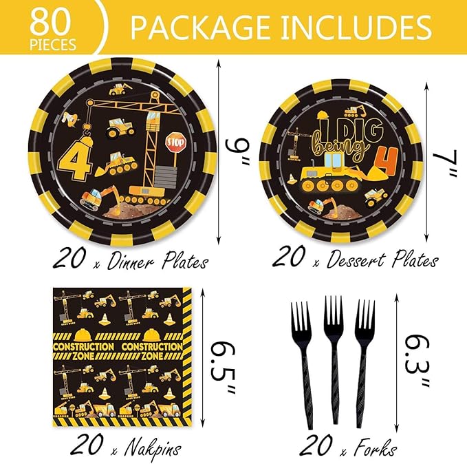 132 Pcs Construction 4th Birthday Party Supplies Dump Truck Theme Four Tableware Includes Hanging Swirl, Banner, Plates, Cups, Tablecloth for Boys Construction Four Years Old Bday Party Decorations