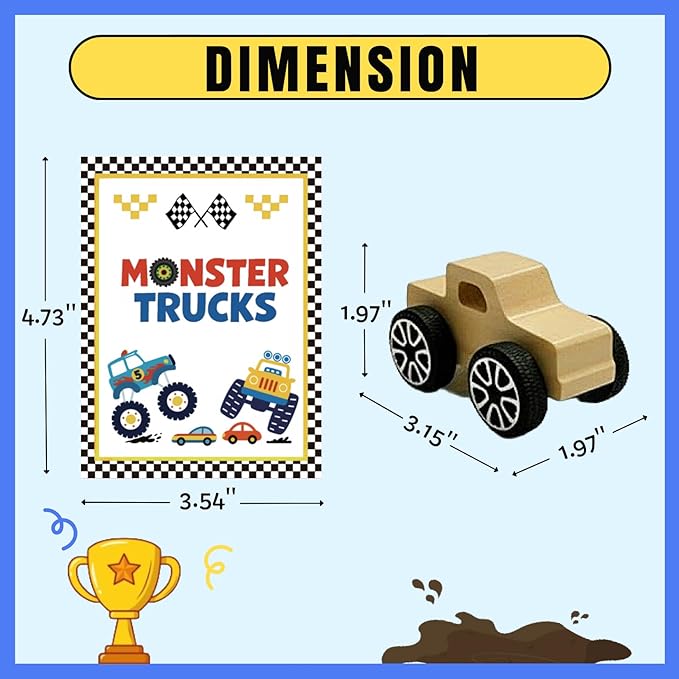 12 PCS Monster Truck Party Favors & DIY Craft Kit - Unfinished Wooden Truck Painting Set with Bubble Wands, Paints, Brushes & Cards - Birthday Party Favors for Kids, Boys & Girls, Classroom Rewards