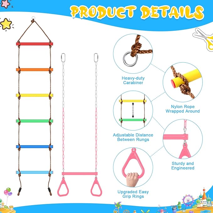 ShinyRelief 2 Pack Gym Swing Sets 48'' Trapeze Swing Bar Monkey Bar Heavy Duty Chain with Locking 6.8ft Climbing Rope Ladder Climbing Game for Accessories Tree House Playground Outdoor Play (Pink)