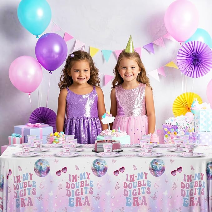 MEHOFOND 193pcs 10th Birthday Party Supplies for Girls, In My Double Digits Era Tableware Set with Plates Napkins Cups Tablecloth, Iridescent Disco Music Theme Birthday Decorations, Serves 24