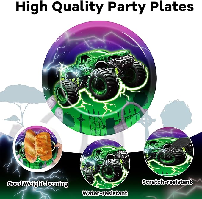 60Pcs Green Purple Monster Truck Party Paper Plates for Monster Truck Birthday Party 9in Racing Car Theme Disposable Tableware Dinnerware Set for Kids Boys Monster Truck Birthday Party Supplies