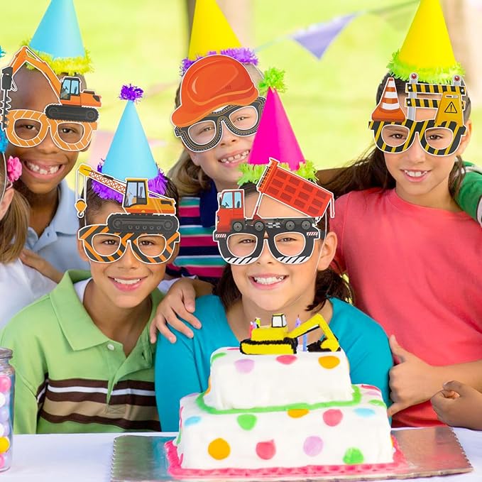 Construction Party Supplies 12PCS Construction Party Felt Glasses with Tractor Excavator Dump Truck Plastic Construction Toys Gift for Kids Toddlers Construction Birthday Party Decor Supplies