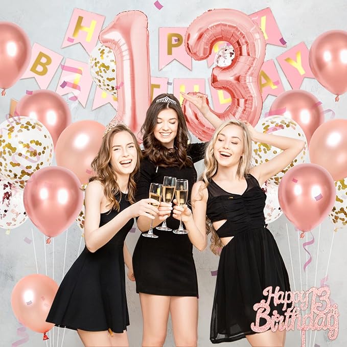 13th Birthday Decorations, Rose Gold 13 Happy Birthday Party Decorations With Gold Confetti Latex Balloons Number 13 Balloons Banner Fringe Curtain Cake Topper For Girl Woman Party Decoration