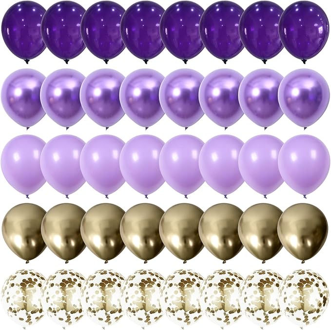 Purple and Gold Balloons, 12 Inch 35PCS Dark Pastel Purple Lavender Balloons with Metallic Gold Confetti Balloon for Girls Women Wedding Baby Shower Butterfly Princess Theme Birthday Party Decorations