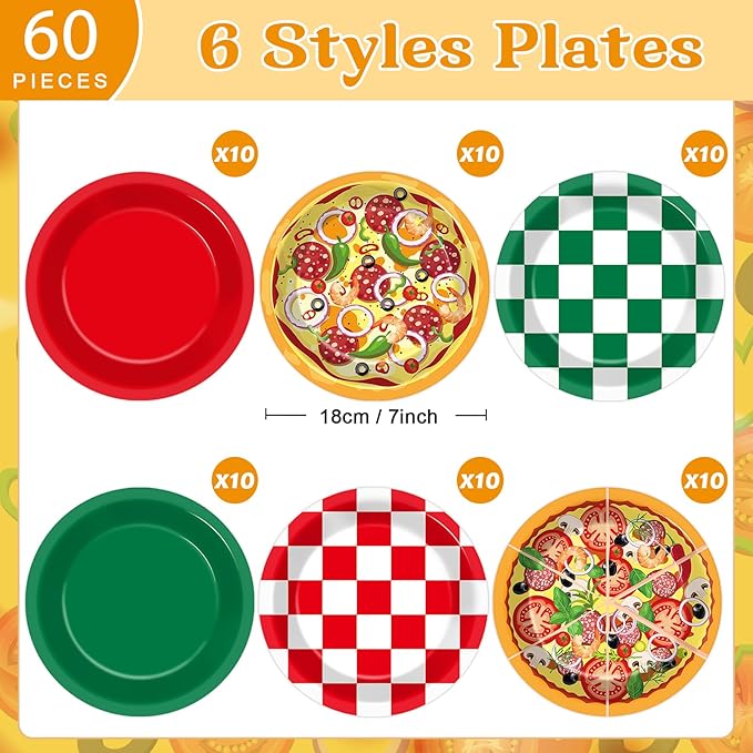 60PCS Pizza Theme Birthday Party Plates Red Green White Pizzas Checkered Disposable Paper Dessert Plates for Italian Pizza Birthday Decorations Party Tableware Set for Kids BBQ Picnic Supplies