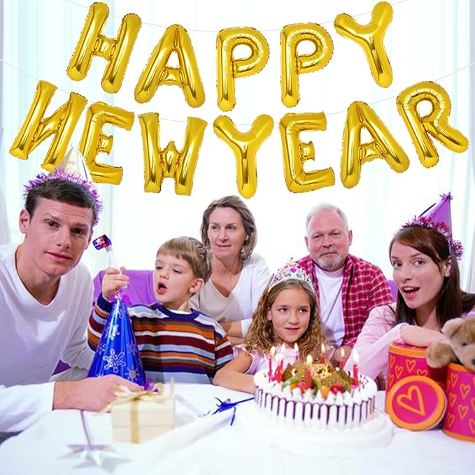 Gold Happy New Year Balloons, 16 Inch Gold Happy New Year Banner Decorations 2024, NYE Decorations 2024 Backdrop Eve Party Supplies