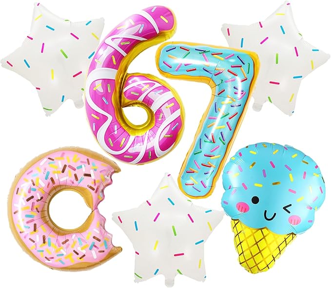 6 7 Birthday Decorations Foil Balloon Set, 6 7 Balloons, 7 Pcs Six Seven Donut & Ice Cream Balloons, Six Seven Birthday Party Décor, 6 7 Meme Theme Party Supplies