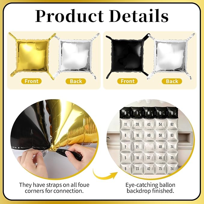 102Pcs Bingo Game Party Balloons Garland Arch Kit Black Gold and Silver Double Sided Square Foil Balloon Wall Backdrop with Colorful Latex Balloons & Letter Sticker for Bingo Party Birthday Decoration