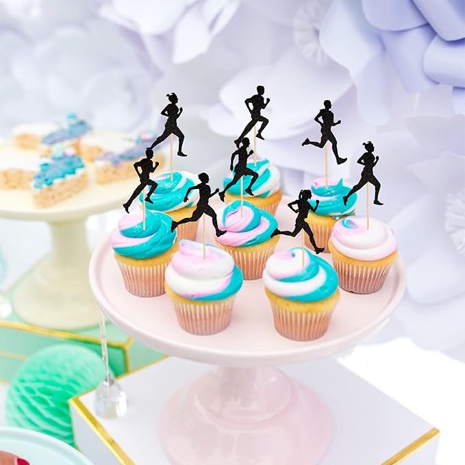 24 PCS Running Cupcake Toppers Black Glitter Sports Fitness Cupcake Picks for Running Theme Boys Girls Birthday Party Cake Decorations Supplies