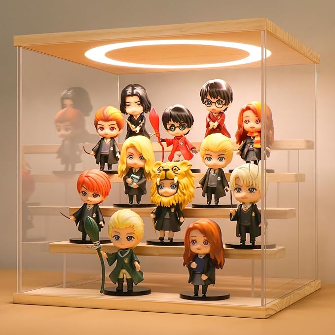 LASOA Acrylic Display Case with Adjustable LED Lights, 5 Tier Clear Display Box for Action Figures and Collectibles, Self-Assembly Showcase with Wooden Base for Miniatures, 11.8x11x11.8inch