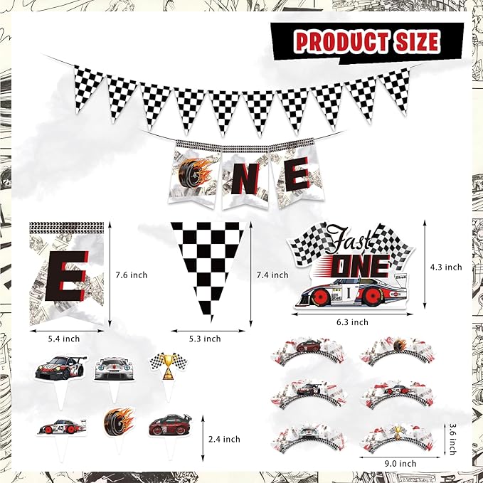 Mpanwen Fast One Birthday Decorations for Boys, 153 Pcs Race Car Birthday Party Supplies - Backdrop, Toppers, Cupcakes Wrappers, Tablecloth, Flags, Centerpiece, Highchair Nanner, Crown and Poster