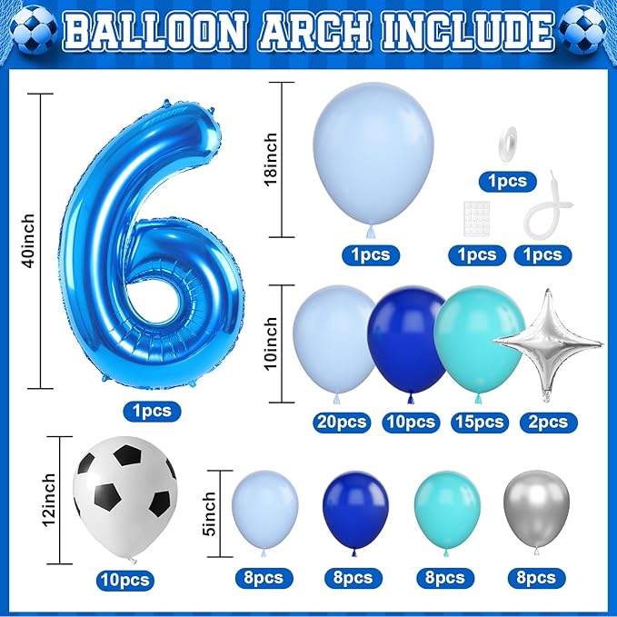6th Soccer Birthday Balloons Decorations, Soccer Balloon Arch Kit with Royal Blue Teal Light Blue Balloons, 40 Inch Blue Number 6 Balloon Tower, for Boys 6 Years Old Football Club Party Decorations
