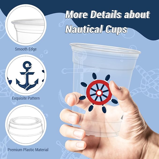 50 Pcs Nautical Cups, 12 oz Nautical Plastic Party Cups for Home Kitchen Birthday Summer Ocean Party Favors Supplies Decoration