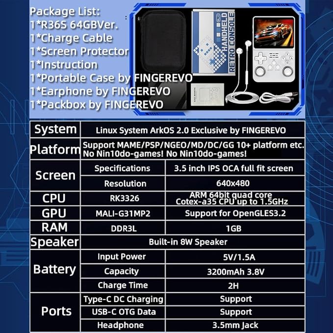 R36S Handheld Game Console 3.5-in 640*480 IPS OCA Screen 3200mAh Opensource System RK3326 Pure White
