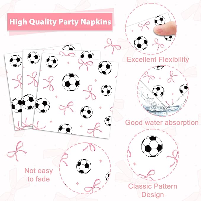 96PCS Soccer and Bow Party Paper Plates and Napkins for Sports Themed Party Dessert Cake Plates Disposable Decor Pink Bow Soccer Birthday Parties Set for Boys Girls Birthday Gatherings Decorations