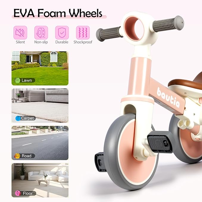Kids Tricycle for Toddlers 1-3 with Push Handle, 5 in 1 Baby Balance Bike Toy for 1-4 Years Old Boys Girls Gift with Removable Pedals (No Parent Steering Version)