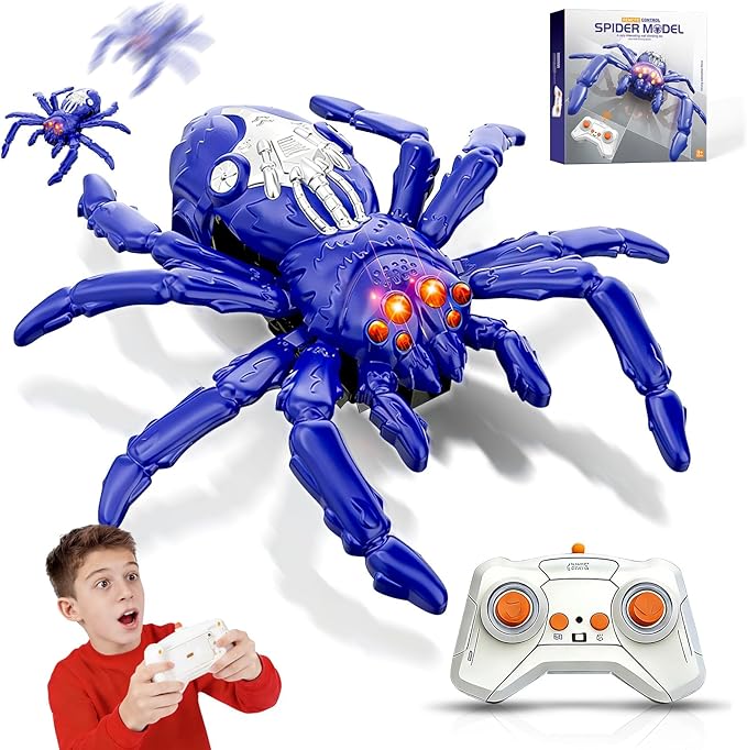 Wall Climbing Spider Remote Control Toy, RC Creepy Crawler with Glowing Eyes for Walls & Ceilings, Prank Halloween Birthday Gift for Kids Boys Girls Ages 3+ (Purple)