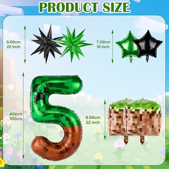 40 Inch Green Pixel Miner Number 5 Balloon Set, 7Pcs MIning large Foil Balloon Video Game Themed Party Party Decorations for Kids' Anniversary Balloon Party Supplies Supplies