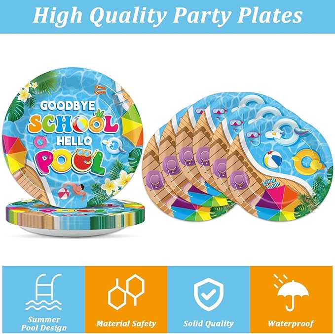 200pcs Goodbye School Hello Pool Plates Napkins End of School Year Party Tableware Set School's Out Disposable Decoration Summer Pool Dessert Plates Serve 50 Guests for Birthday Party Supplies