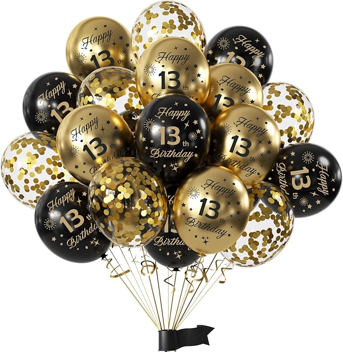 Black Gold 13th Birthday Balloons Pack of 15 Boys Girls Happy 13th Birthday Party Deocorations Supplies Boys Girls Teenager 13th Birthday Ballloons Latex Confetti Balloons 12inch & Ribbon