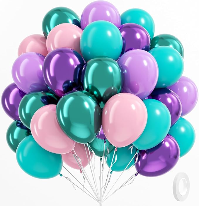 Mermaid Balloons, 60pcs 12 Inch Pink Metallic Purple Green Blue Latex Balloons for Little Mermaid Birthday Decorations, Baby Shower, Under the Sea Party Decorations