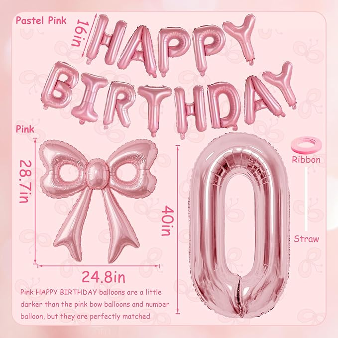Bow Number 0 Birthday Balloons, 40”Pink Aluminum Foil Balloons Happy Birthday Balloon for Girl Birthday Party, Princess, Coquette Party Decorations Supplies