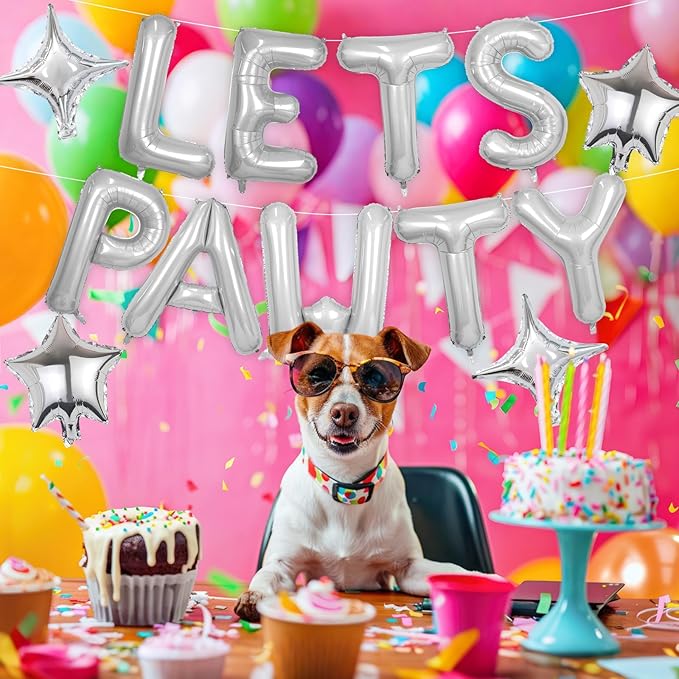 Lets Pawty Balloons Banner 16 Inch,Silver Dog Birthday Decorations with 4pcs 10 Inch Star Balloons,Paw Foil Letter Balloon for Dogs Paw Pet Puppy Theme Party Supplies