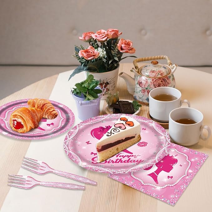 96PCS Pink Girl Plates and Napkins Tableware Set Pink Girl Party Supplies Pink Girl Birthday Party Decorations Pink Princess Theme Party Dinnerware Set Pink Girl Paper Plates Napkins Forks Serve 24