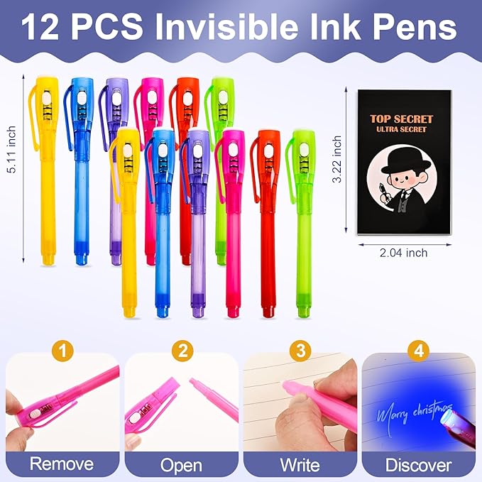12 Pack Spy Pen with Notebook Set, Upgraded Invisible Ink Pen with UV Light Magic Marker for Secret Messages Spy Kit Games, Birthday Party Easter Valentine's Day Gifts for Boys Girls Kids Ages 3+