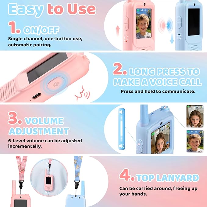 Video Walkie Talkies for Kids with Real-Time Screen & Voice Changer, Rechargeable Walkie Talkies Long Range Radios, for Outside, Hiking, Birthday Gifts for Boys/Girls Ages 3-12