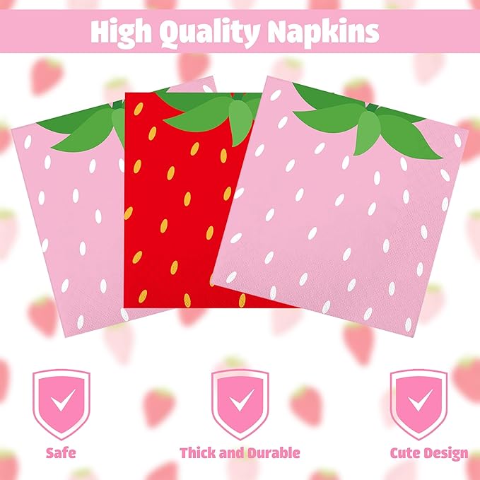 Augisteen Strawberry Party Tableware Set Strawberry Theme Paper Plates Napkins Cups Strawberries Plastic Tablecloth Disposable Strawberries Party Supplies for Birthday Baby Shower, Pink