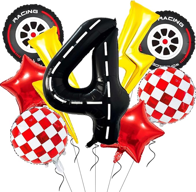Race Car Birthday Party Decorations Large Lightning Bolt Foil Balloons Race Car Balloons 40 Inch Racetrack Number 4 Balloon for Boys 4th Race Car Birthday Party Decor Supplies