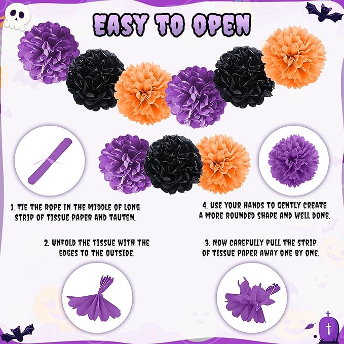 Purple Black Orange Party Decorations Set,Halloween Decorations Kit Including HAPPY HALLOWEEN Banner,Foil Balloons,3D Bat Stickers,Fringe Curtain,Paper Pompoms,Indoor Outdoor Halloween Supplies