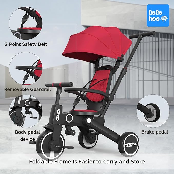 Tricycle Stroller for Toddler,Foldable Baby Tricycle,Kids Balance Bike with Push Handle,Toddlers Stroller Bike with 1 to 5 Years,7-in-1 Push Tricycle Bike for Kids (Red)