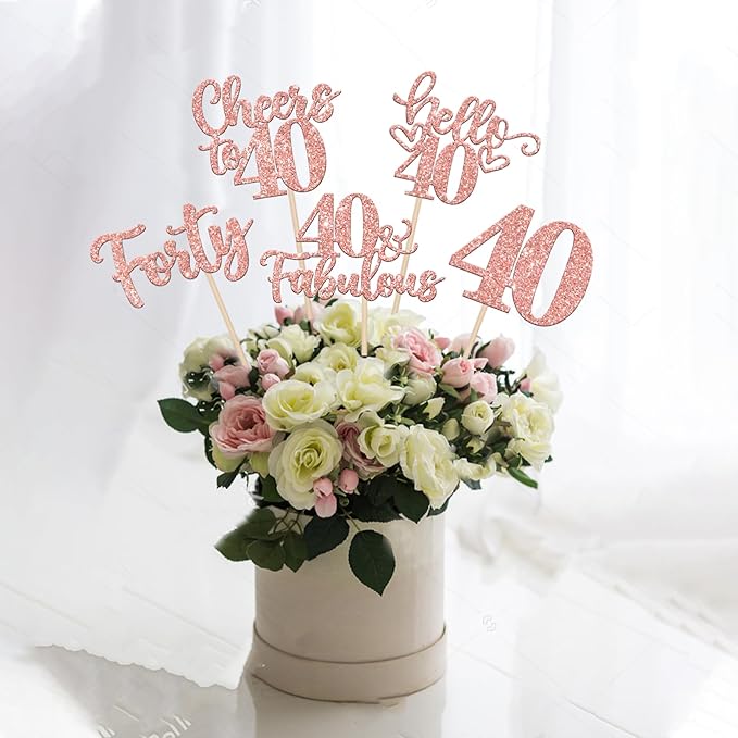 15PCS Happy 40th Birthday Centerpiece Sticks Forty Hello 40 Cheers to 40 Table Flower Centerpieces Sticks 40 Fabulous Floral Decorations for Happy 40th Birthday Party Centerpieces Supplies Rose Gold