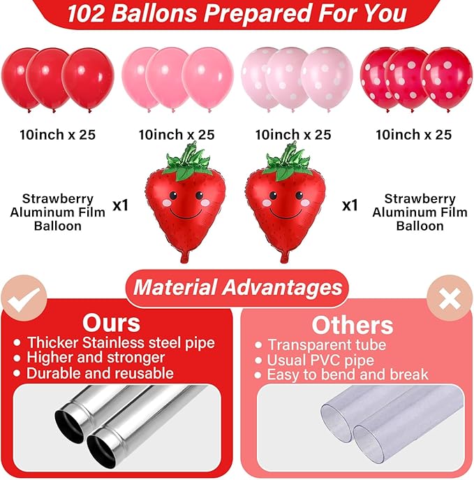2 Sets Strawberry Party Balloon Column Stand Kit With 102 Sweet 1st Strawberry Foil Balloons 5.57Ft Adjustable Balloon Tower Stand With Base Adjustable Arch Column for Girl Birthday Baby Shower Supply