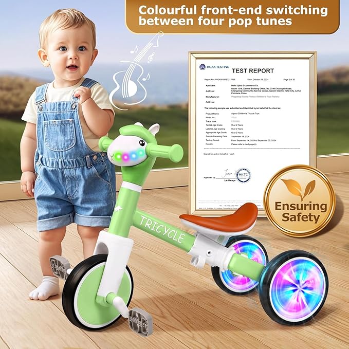 Toddler Balance Bike for Boys Girls, Tricycle for Toddlers 1-5 Year Olds, Toddler Tricycle with Light & Music Front, Kids Bicycle with Removable Pedal, Birthday Gifts for Kids (Flash Wheel Green)