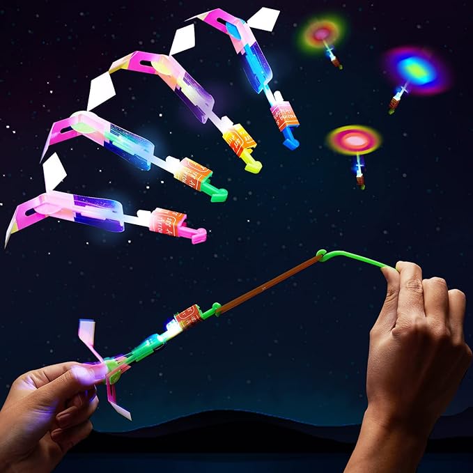 WELLVO 60Pcs Rocket Helicopter with LED Lights 30 Launchers + 30 Glow Rocket Helicopters Glow in The Dark Party Supplies Flying Outdoor Toys Party Favors for Kids 8-12,4-8