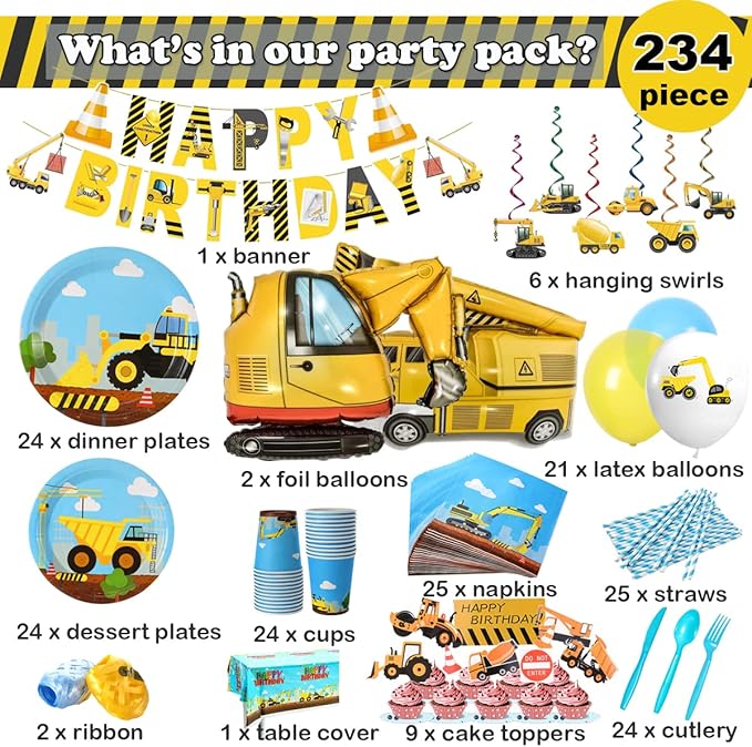 Construction Birthday Party Supplies Set For Boys - 24 Guests – Dump Truck And Tractor Party Decorations, Paper Plates Cups Napkins Straws Balloons Cutlery Toppers Banners Tablecloth